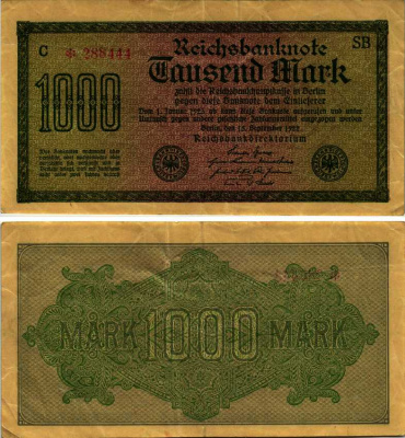 ГЕРМАНИЯ 1000 МАРОК 1922 15 СЕНТЯБРЯ 1922, ВОДЯНОЙ ЗНАК I, ЖЕЛТАЯ БУМАГА, СЕРИЯ SВ Pick 76b, Rosenberg 75d бумага 7547-28-1
