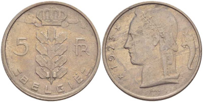 БЕЛЬГИЯ 5 ФРАНКОВ 1973 BELGIE, БОДУЭН I (1951-1993) KM 135.1 медно-никель 213-426