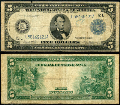 США 5 долларов 1914 Сан-Франциско (12-L), Авраам Линкольн, голубая серия, подпись White, Mellon Pick 359 b L(4-1)  бумага   451-642-1-2