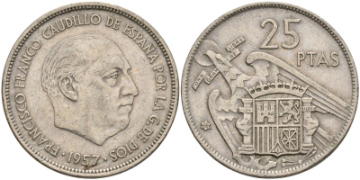 Испания 25 песет 1957 (68) Франсиско Франко (1939 - 1975) KM 787 медно-никель 4149-1026