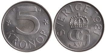 Швеция 5 крон 1981 U Карл XVI Густав (1973- ) KM 853 медно-никель UNC 4683-1021
