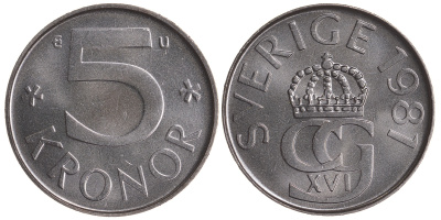 Швеция 5 крон 1981 U Карл XVI Густав (1973- ) KM 853 медно-никель UNC 4683-1021