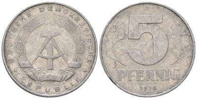 ГДР 5 пфеннигов 1975 A KM 9.1 алюминий 4615-1265