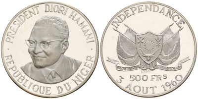 Нигер 500 франков 1960 ESSAI, президент Амани Диори (Hamani Diori), независимость KM E5 серебро PROOF 1099-3-41