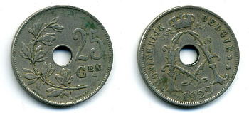 Бельгия 25 сантимов 1922 Belgie, Альберт I (1909-1934) KM 69 медно-никель 41-844
