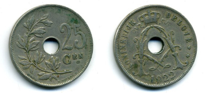 Бельгия 25 сантимов 1922 Belgie, Альберт I (1909-1934) KM 69 медно-никель 41-844