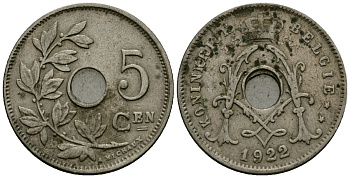 Бельгия 5 сантимов 1922 Belgie, Альберт I (1909-1934) KM 67 медно-никель 4173-252
