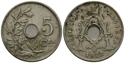 Бельгия 5 сантимов 1922 Belgie, Альберт I (1909-1934) KM 67 медно-никель 4173-252