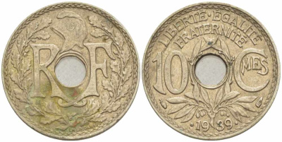ФРАНЦИЯ 10 САНТИМОВ 1939 ТИП ЛИНДАЙЁ .1939. KM 889.1, LE FRANC 139.4 никель бронза 108-241