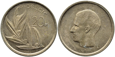 БЕЛЬГИЯ 20 ФРАНКОВ 1982 BELGIE KM 160 никель бронза 63-516