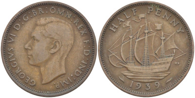 Великобритания 1/2 пенни 1939 Георг VI (1936-1952) KM 844, Spink 4115 бронза 4539-412