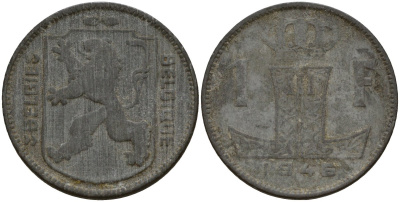 Бельгия 1 франк 1946 Belgie - Belgique, Леопольд III (1934-1947), германская оккупация, Вторая мировая война KM 128 цинк 4161-615