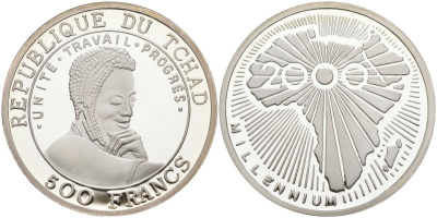 Чад 500 франков 2000 миллениум KM 17 серебро PROOF 04-317-22