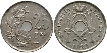 Бельгия 25 сантимов 1922 Belgie, Альберт I (1909-1934) KM 69 медно-никель 4112-434