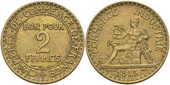 Франция 2 франка 1925 тип Chambre de commerce KM 877, Le Franc 267.7 алюминиевая бронза 3460-533