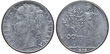 Италия 100 лир 1979 R, Афина в доспехах KM 96.1 нержавеющая сталь 4144-121