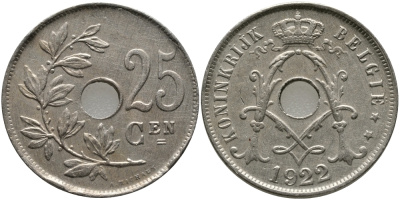 Бельгия 25 сантимов 1922 Belgie, Альберт I (1909-1934) KM 69 медно-никель 4112-434