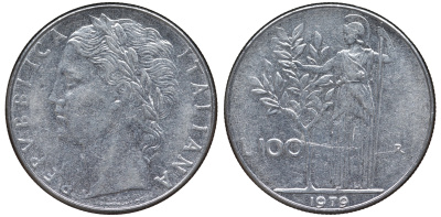 Италия 100 лир 1979 R, Афина в доспехах KM 96.1 нержавеющая сталь 4144-121