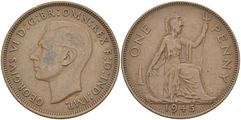 Великобритания 1 пенни 1945 Георг VI (1936-1952) КМ 845, Spink 4114 бронза 3460-615
