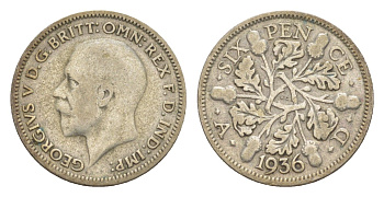Великобритания 6 пенсов 1936 Георг V (1910-1936) KM 832, Spink 4040 серебро 33-1143