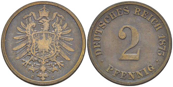 ГЕРМАНИЯ 2 ПФЕННИГА 1875 С, СТАРОГЕРБОВКА KM 2, J. 2, Weege 3 медь 212-521