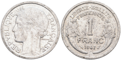ФРАНЦИЯ 1 ФРАНК 1947 KM 885а.1 алюминий 4589-555