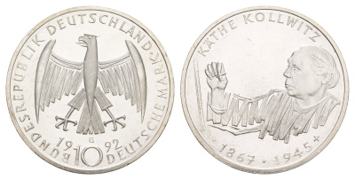 ФРГ 10 марок 1992 G, 125 лет со дня рождения Кете Кольвиц KM 178 серебро UNC 4634-1024