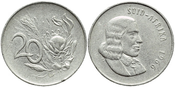 ЮАР 20 центов 1966 Ян ван Рибек (1619-1677), Suid Africa, легенда на африкаанс, цветок протея KM 69.2 никель 4681-1023