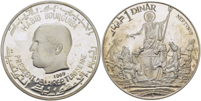 Тунис 1 динар 1969 Хабиб Бургиба, Нептун KM 298 серебро PROOF 11-182-22