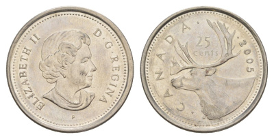 Канада 25 центов 2005 P, Елизавета II (1952-2022), олень KM 493 сталь плакированная никелем aUNC 4631-716