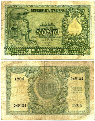 Италия 50 лир 1951 Афина Pick 91а бумага 7217-89-1-2