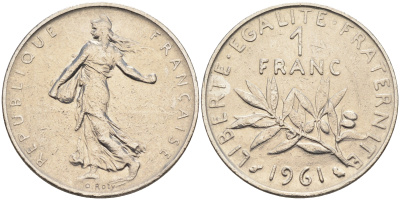 Франция 1 франк 1961 сеятель KM 925.1 никель    4177-235