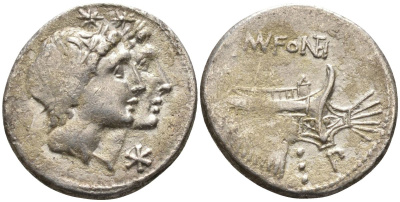Римская Республика денарий 108 - 107 гг. до н.э. монетарий М. Фонтей, головы Диоскуров, X (обозначение номинала) / MN FONTEI P, галера, Рим, 3,87 гр Cr. 307/1d; Syd. 566 серебро 1073-9-21