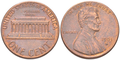 США 1 цент 1983 D, Линкольн KM 201b цинк плакированный медью 4613-1245