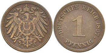 Германия 1 пфенниг 1897 A KM 10, J. 10, Weege 2 медь 211-222