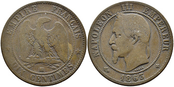 Франция 10 сантимов 1863 BB, Наполеон III (1852-1870) KM 798.2, Le Franc 134.9 бронза 4389-1026