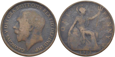 Великобритания 1 пенни 1913 Георг V (1910-1936) KM 810, Spink 4051 бронза 3460-732
