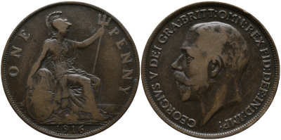 Великобритания 1 пенни 1916 Георг V (1910-1936) KM 810, Spink 4051 бронза 4680-922