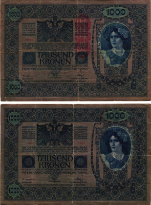 АВСТРИЯ 1000 КРОН 1919 КРАСНАЯ ВЕРТИКАЛЬНАЯ НАБПЕЧАТКА НА 1902 Pick 59 бумага 8609-43-1