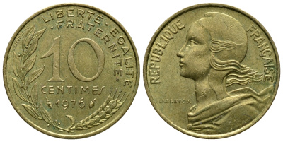 ФРАНЦИЯ 10 САНТИМОВ 1976 ТИП MARIANNE KM 929, LE FRANC 144.16 алюминиевая бронза 54-1028