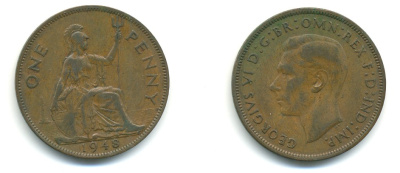 Великобритания 1 пенни 1948 Георг VI (1936-1952) KM 845, Spink 4114 бронза 80-1026