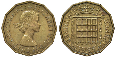 Великобритания 3 пенса 1965 Елизавета II (1952-2022) KM 900, Spink 4153 никель латунь 4122-942