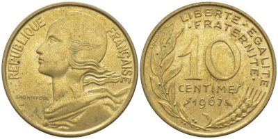 ФРАНЦИЯ 10 САНТИМОВ 1967 ТИП MARIANNE KM 929, LE FRANC 144.7 медь алюминий никель 116-423