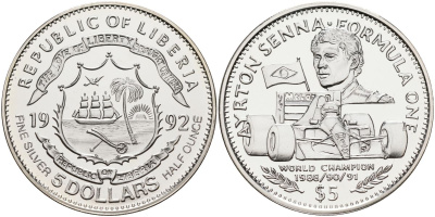 Либерия 5 долларов 1992 чемпионы формулы 1, Айертон Сенна 1989, 1990, 1991 год KM 78 серебро PROOF 1096-3-52
