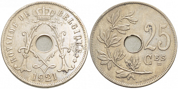 БЕЛЬГИЯ 25 САНТИМОВ 1921 BELGIQUE KM 68.1 медно-никель 87-1526