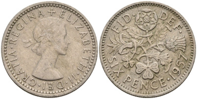 Великобритания 6 пенсов 1957 Елизавета II (1952-2022) KM 903, Spink 4149 медно-никель 4596-1039
