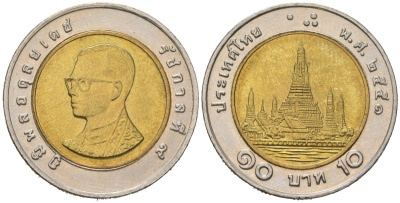 Таиланд 10 бат 2008 BE 2551, Рама IX (1946-2016) KM 227 биметалл UNC 4589-1232