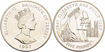 Джерси 5 фунтов 1997 Елизавета и Филипп, золотая свадьба KM 100 медно-никель UNC 118-425