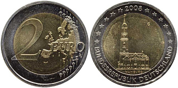 ФРГ 2 евро 2008 G, серия федеральные земли, церковь Св. Михаила в Гамбурге KM 261 биметалл UNC 4112-314