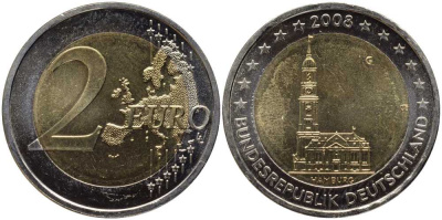 ФРГ 2 евро 2008 G, серия федеральные земли, церковь Св. Михаила в Гамбурге KM 261 биметалл UNC 4112-314